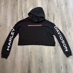 HarleyDavidson Hoodie Women Sz L Black Cropped Raw Hem Pullover Fleece Spell Out